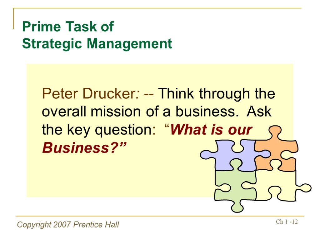 Copyright 2007 Prentice Hall Ch 1 -12 Peter Drucker: -- Think through the overall